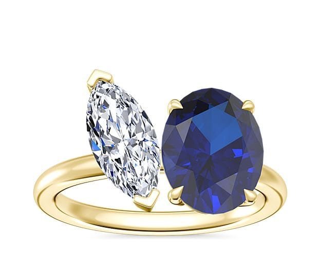 Two Stone Engagement Ring With Oval Sapphire In 18k Yellow Gold
